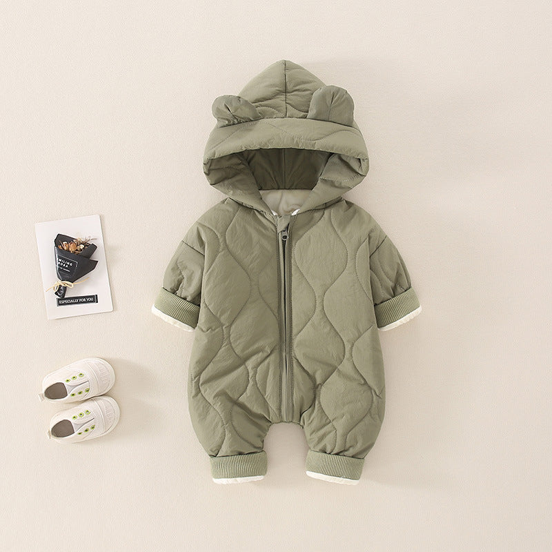 Light green quilted hooded baby romper