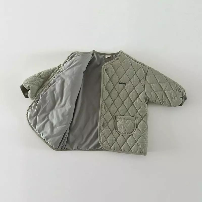 Green quilted padded jacket shown open
