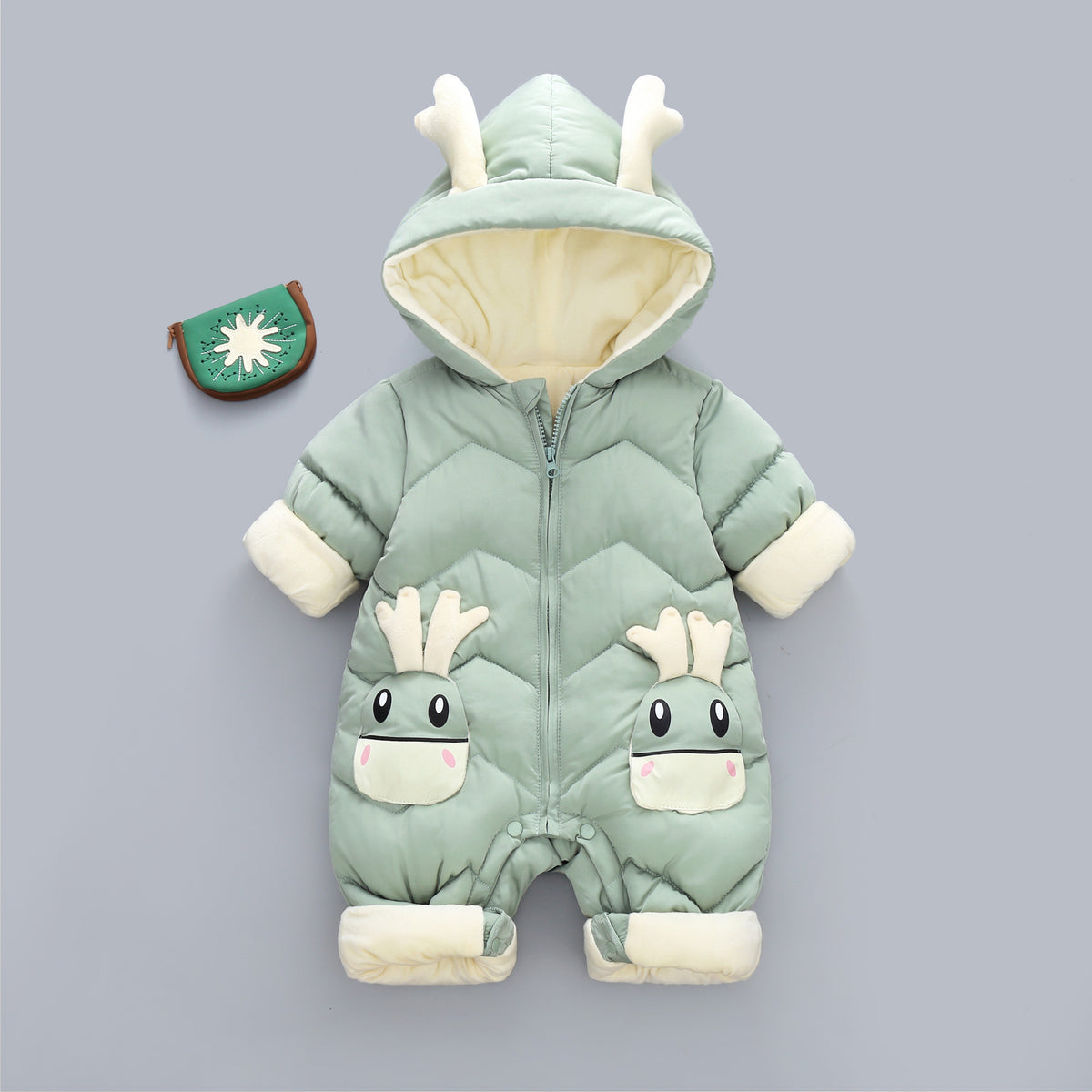 Mint green reindeer hooded baby snowsuit with deer pockets