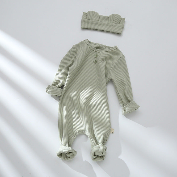 Sage green ribbed footed baby jumpsuit with headband