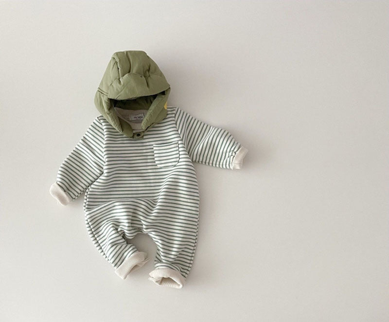 Green striped baby romper styled with green knit hat
