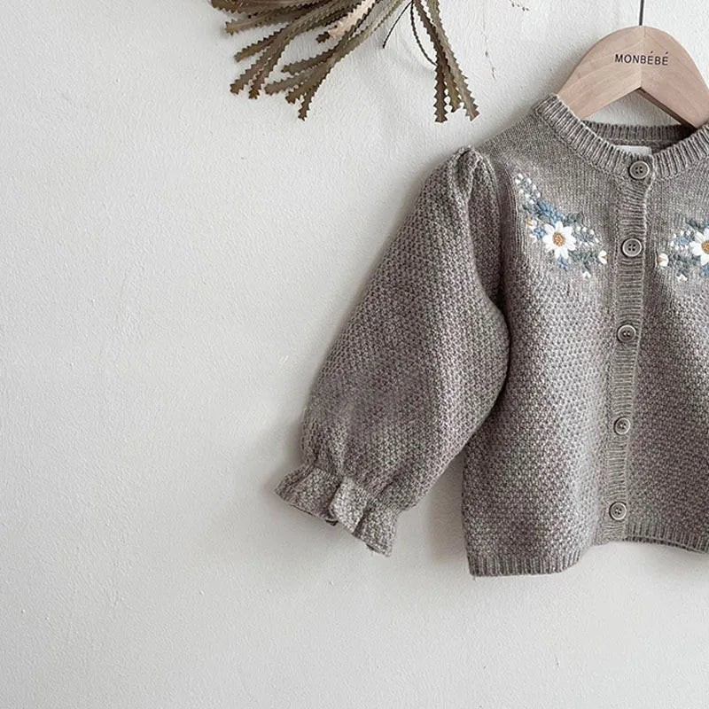 Grey floral embroidered cardigan side view