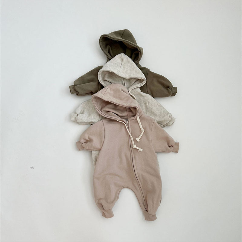 Dark grey, light grey and pink hooded zip baby jumpsuits