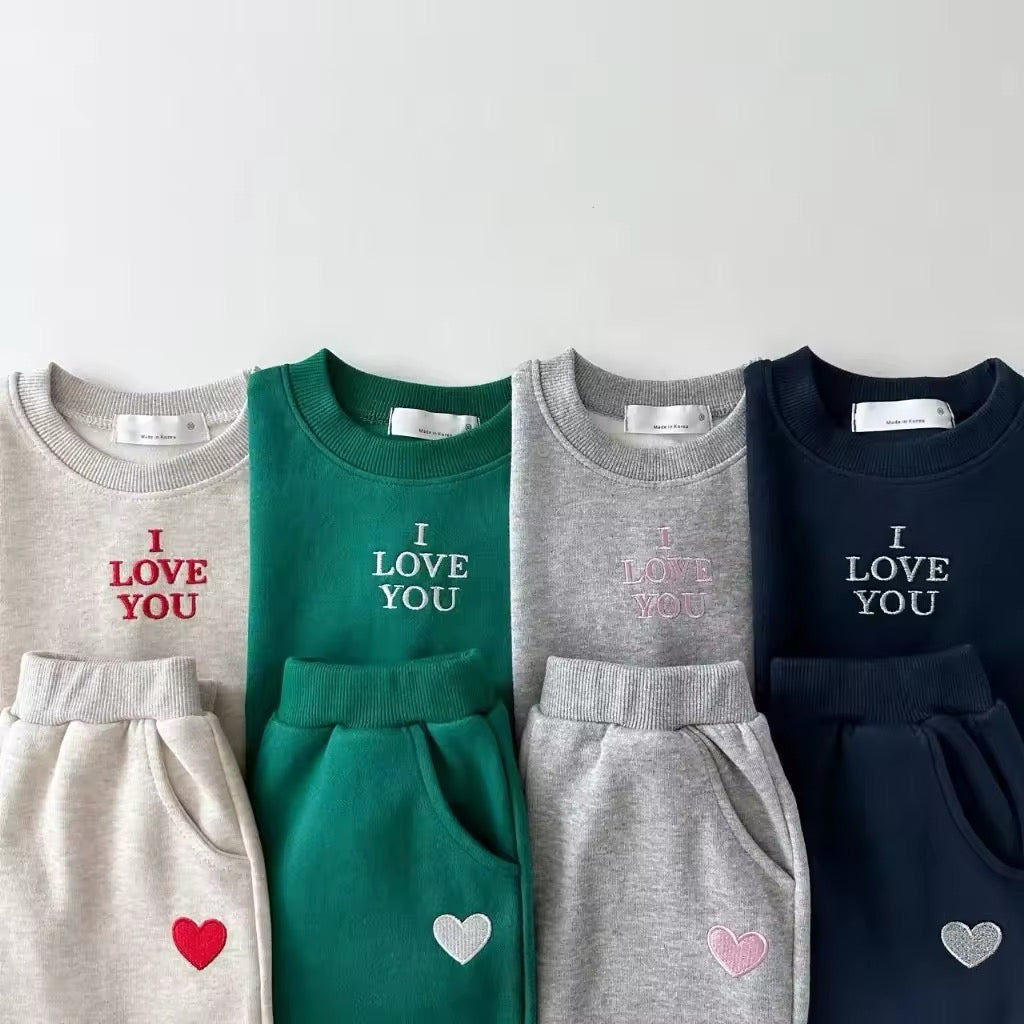 I Love You sweatshirt sets in oatmeal, green, gray and navy