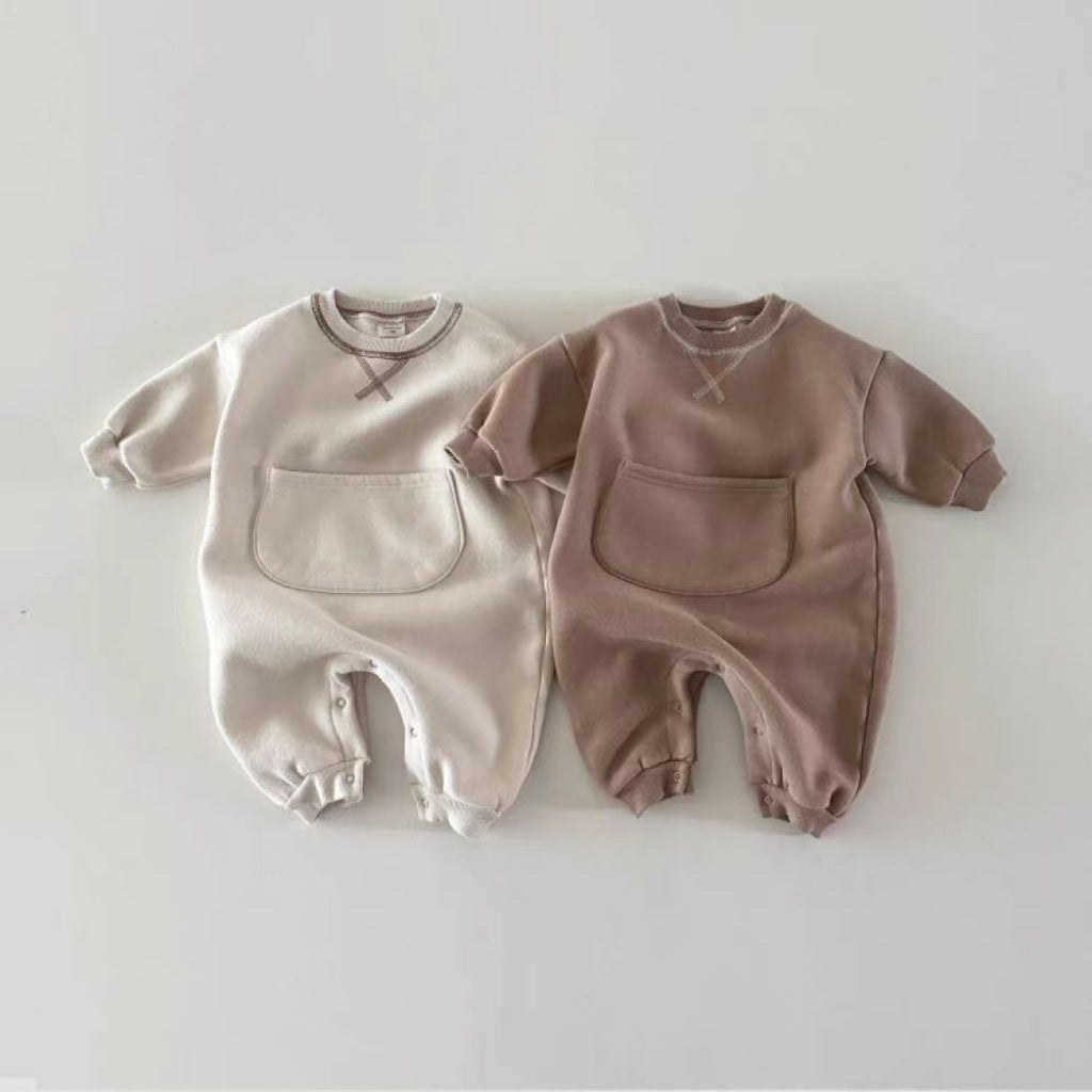 Off white and brown kangaroo pocket baby rompers