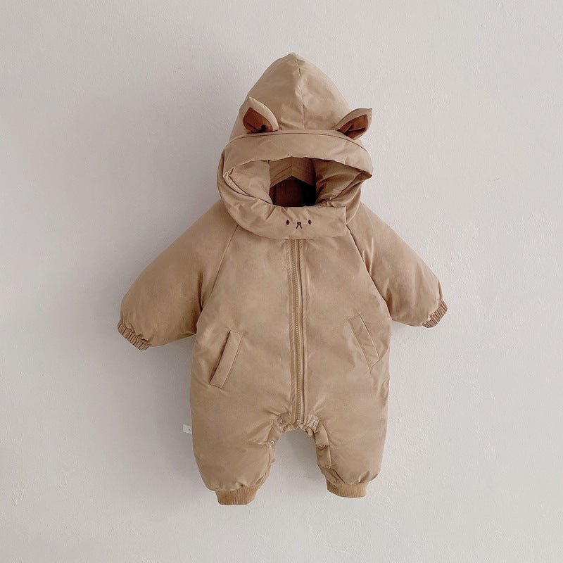 Khaki padded baby romper with bear ear hood