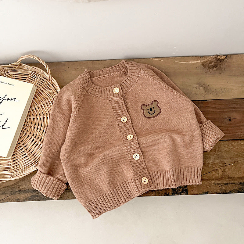 Khaki pink bear patch knit baby cardigan