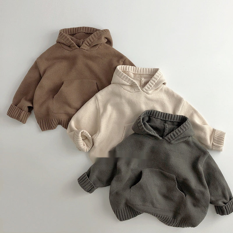 Brown, beige and gray knitted toddler hoodies