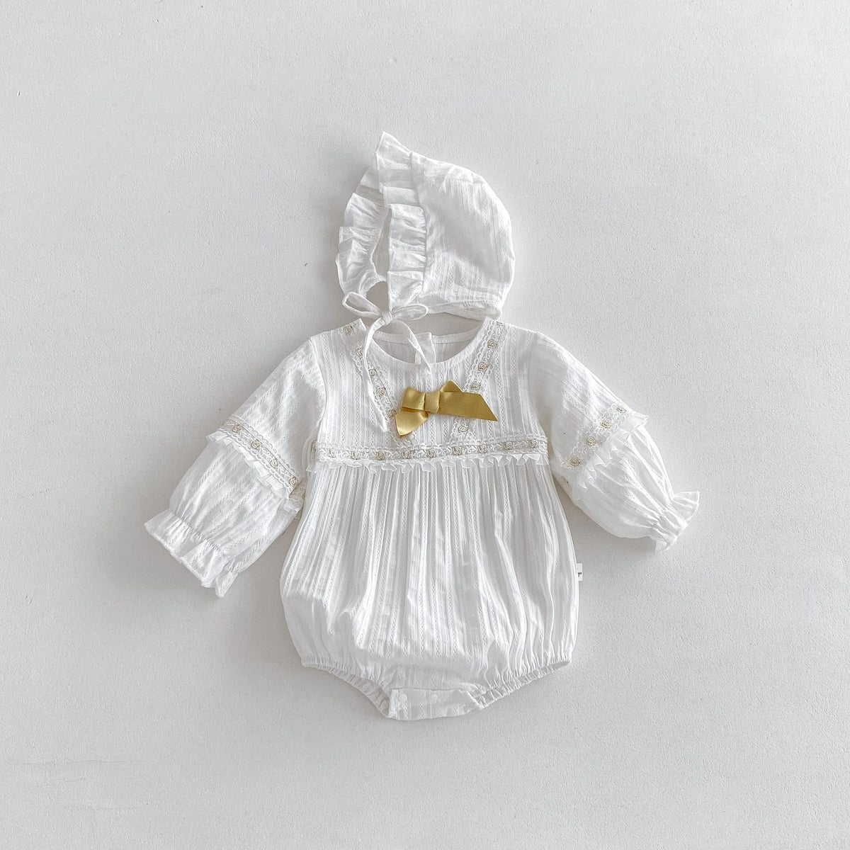 Korean style white cotton baby romper with matching bonnet