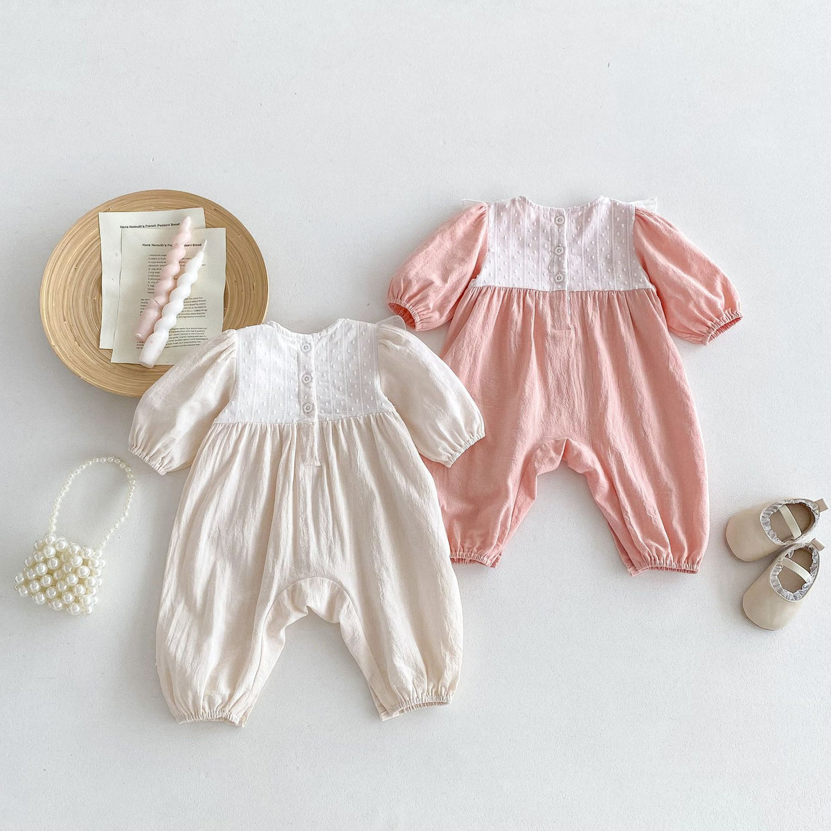 Beige and pink lace collar rompers with pearl bag and shoes