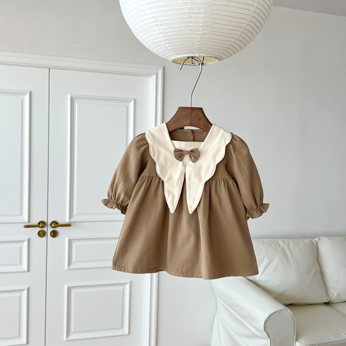 Light brown corduroy dress with cream collar
