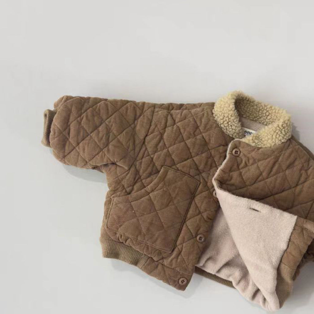 Light brown quilted jacket opened to show plush lining