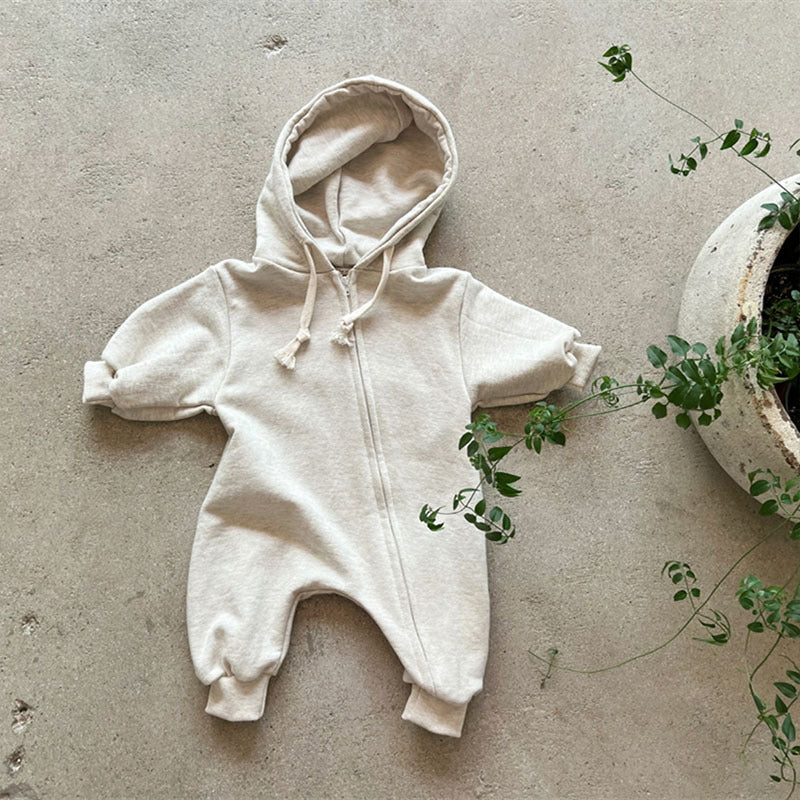 Light grey hooded zip baby jumpsuit with plant