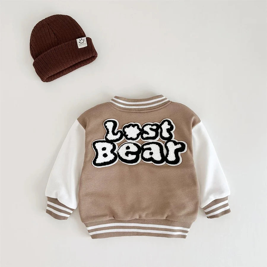 Back of varsity jacket with Lost Bear lettering