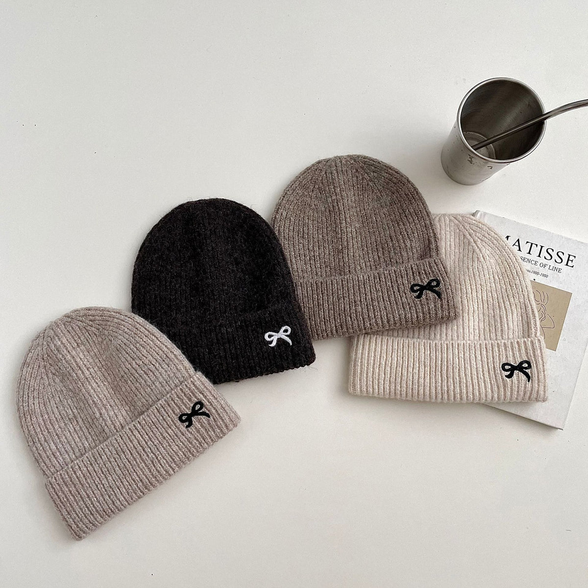 Mocha, black and beige ribbed knit beanies