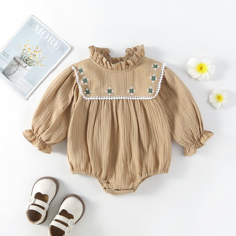Mocha muslin bubble romper with floral embroidered bib and ruffle collar