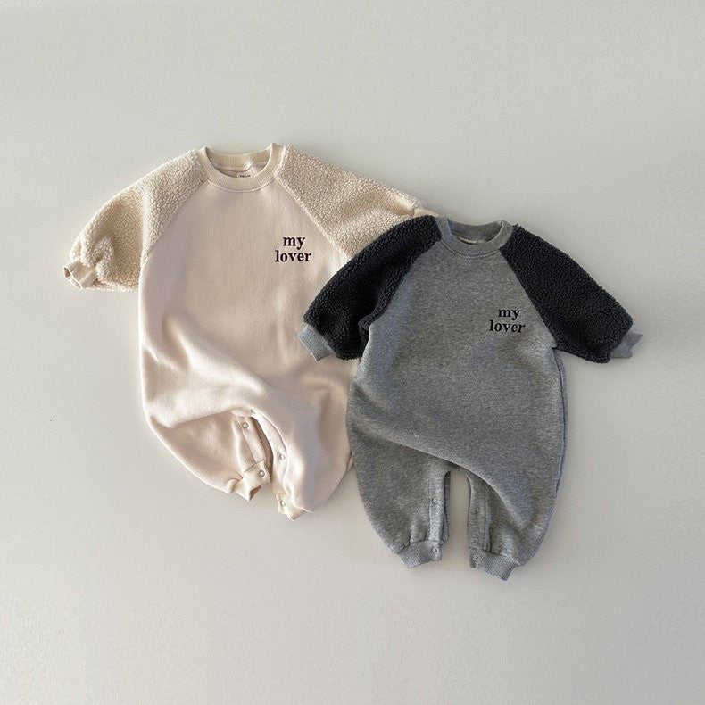 Beige and gray My Lover baby jumpsuits with sherpa raglan sleeves