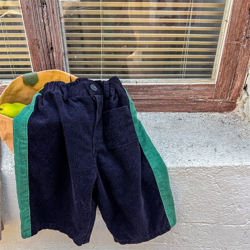 Navy corduroy pants with green side stripe