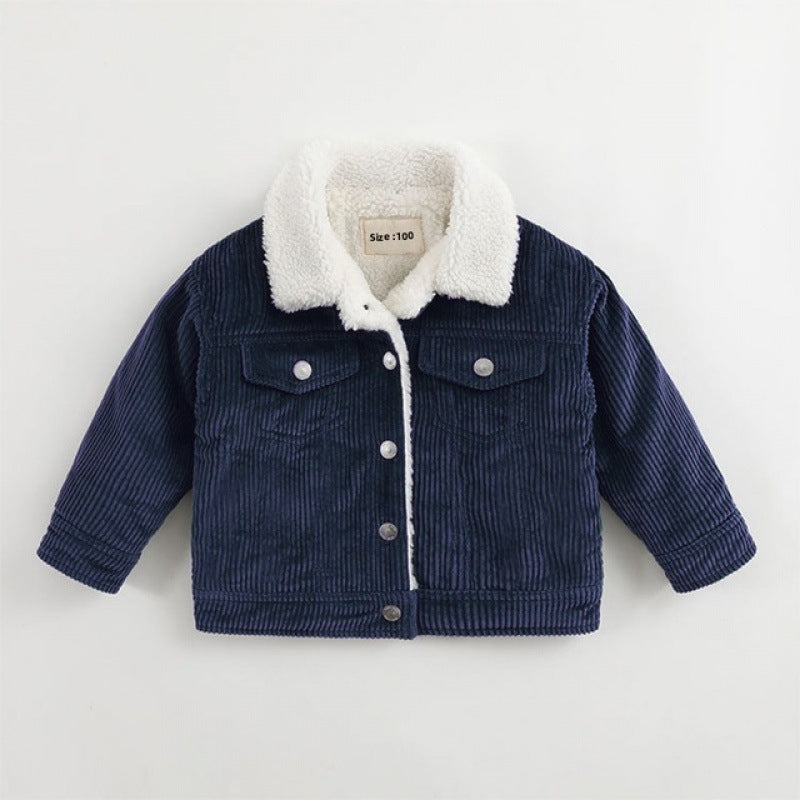 Navy corduroy baby jacket with sherpa collar