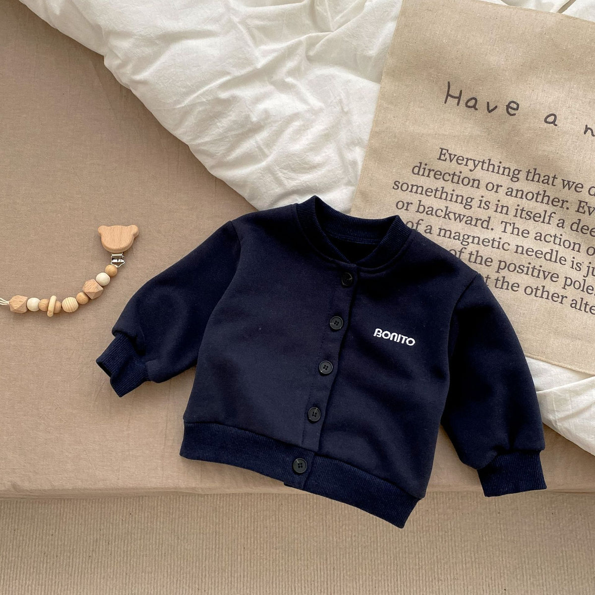 Dark blue fleece-lined button baby jacket