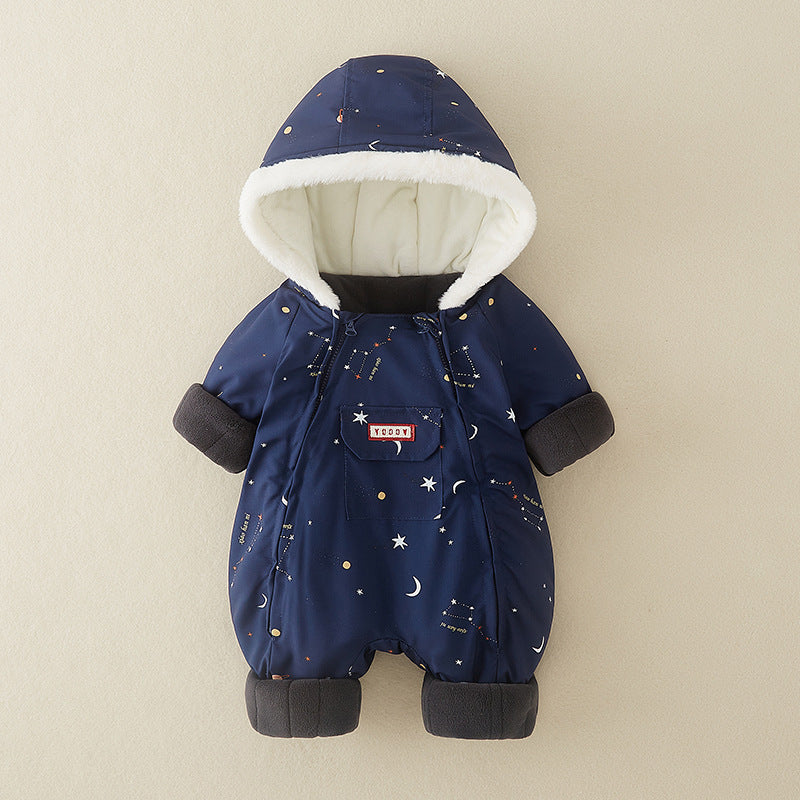 Navy blue printed hooded baby snowsuit