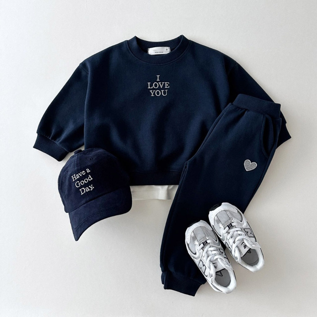 Navy I Love You embroidered sweatshirt and joggers with cap and sneakers