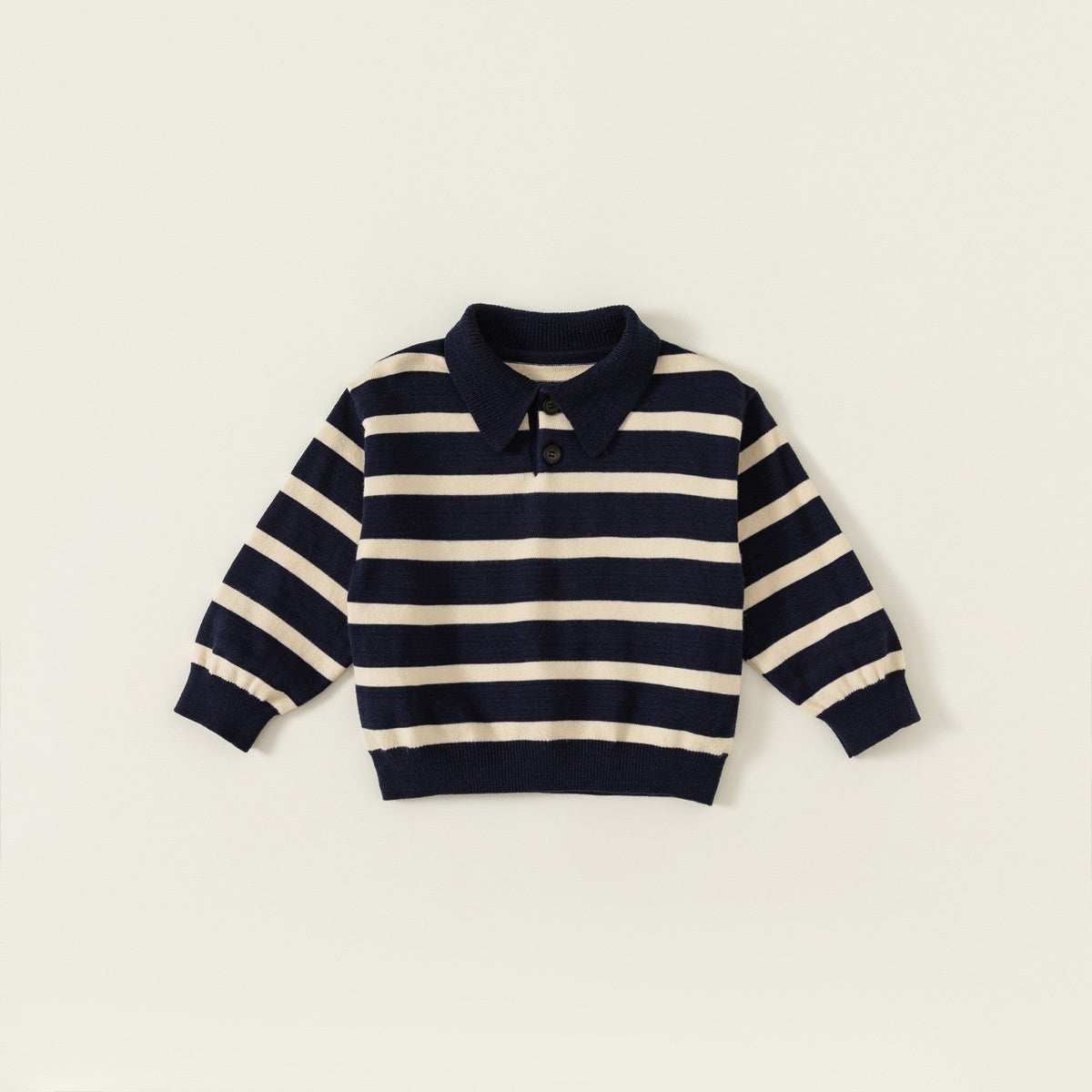 Navy and cream striped polo knit sweater