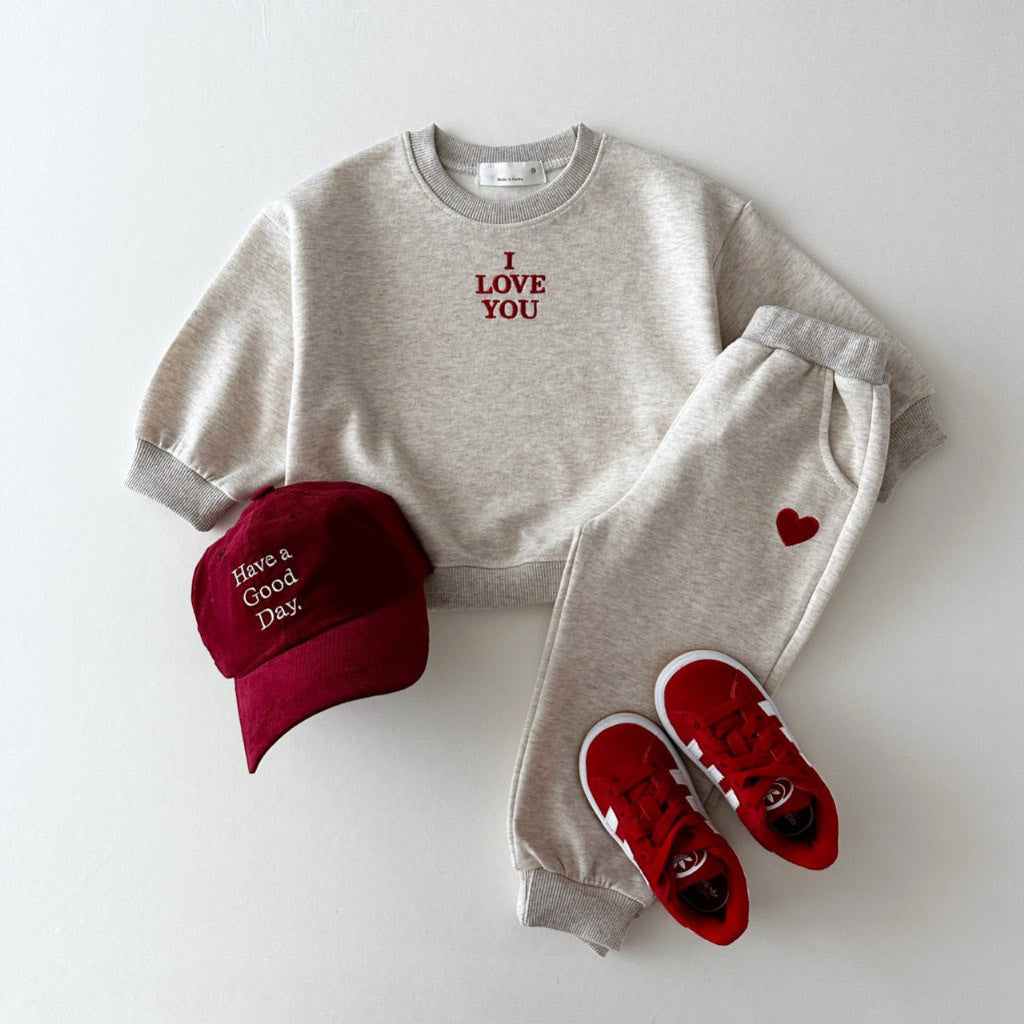 Oatmeal I Love You sweatshirt and joggers with red heart