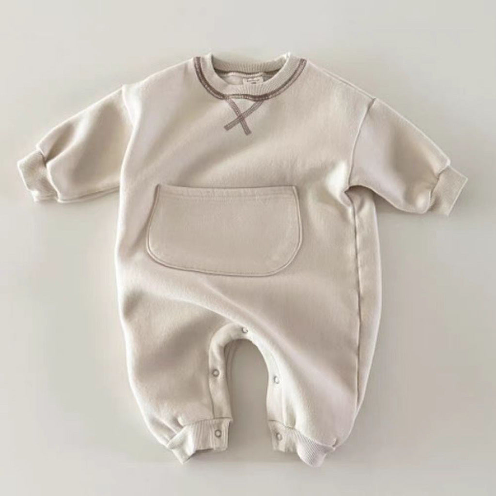 Off white long sleeve baby romper with kangaroo pocket