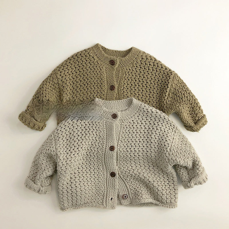 Olive green and gray open knit baby cardigans