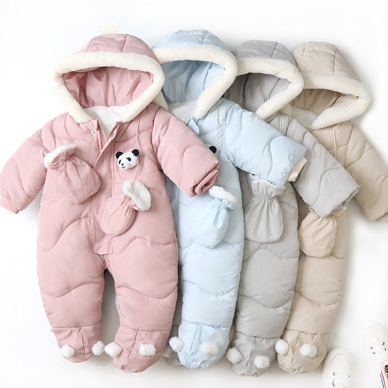 Pink, blue, grey and beige panda hooded baby snowsuits