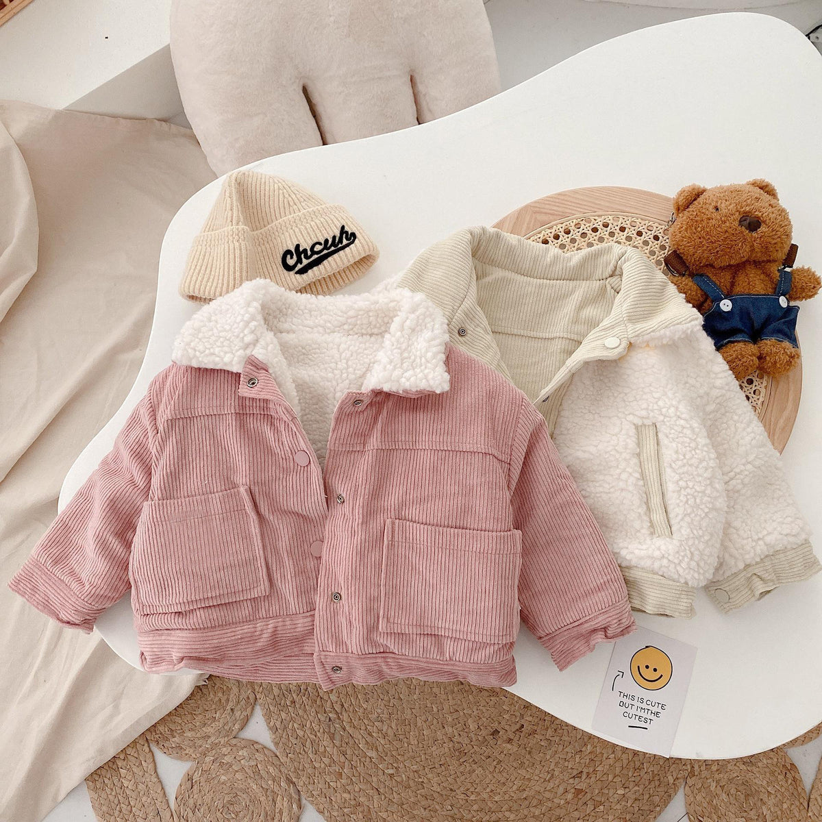 Pink and beige corduroy coats with sherpa collars