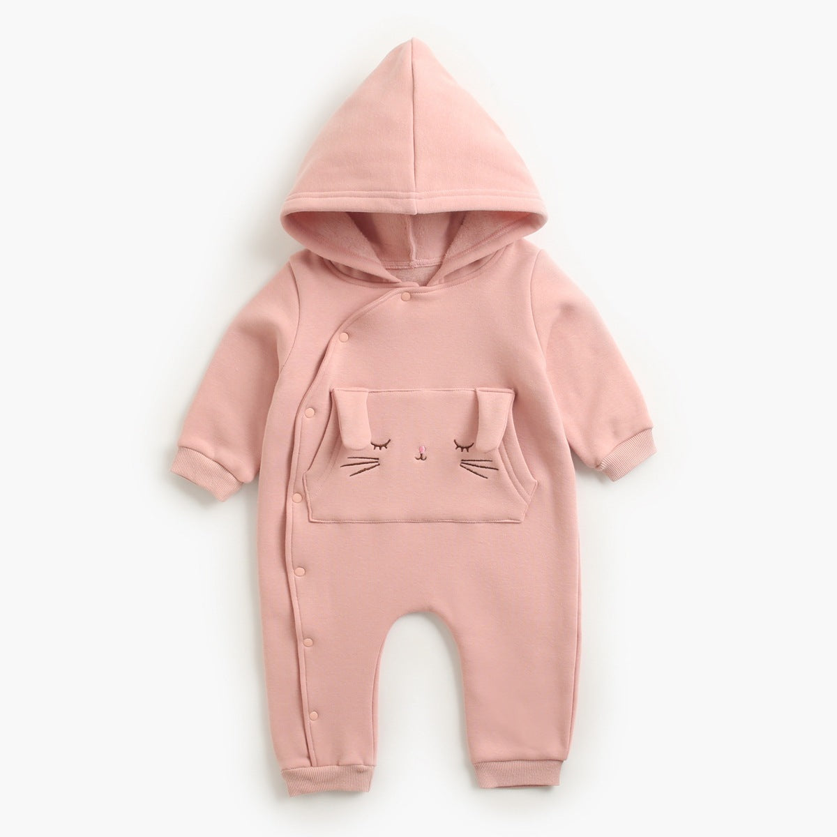 Pink hooded baby jumpsuit with bunny face pocket