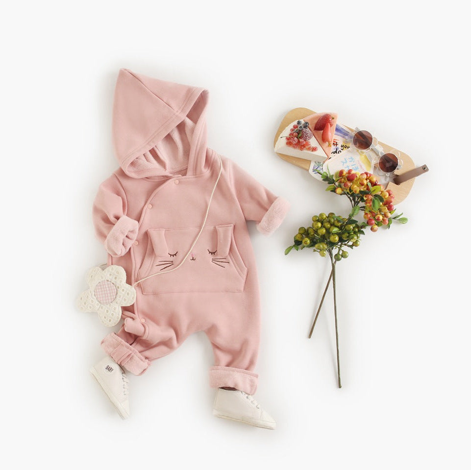 Pink bunny hooded jumpsuit styled with flowers