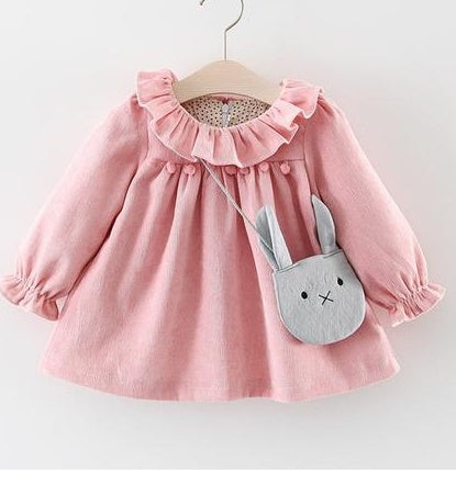 Pink corduroy baby dress with bunny bag