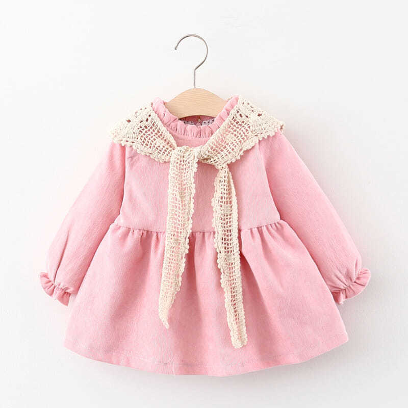 Pink corduroy baby dress with crochet lace tie collar