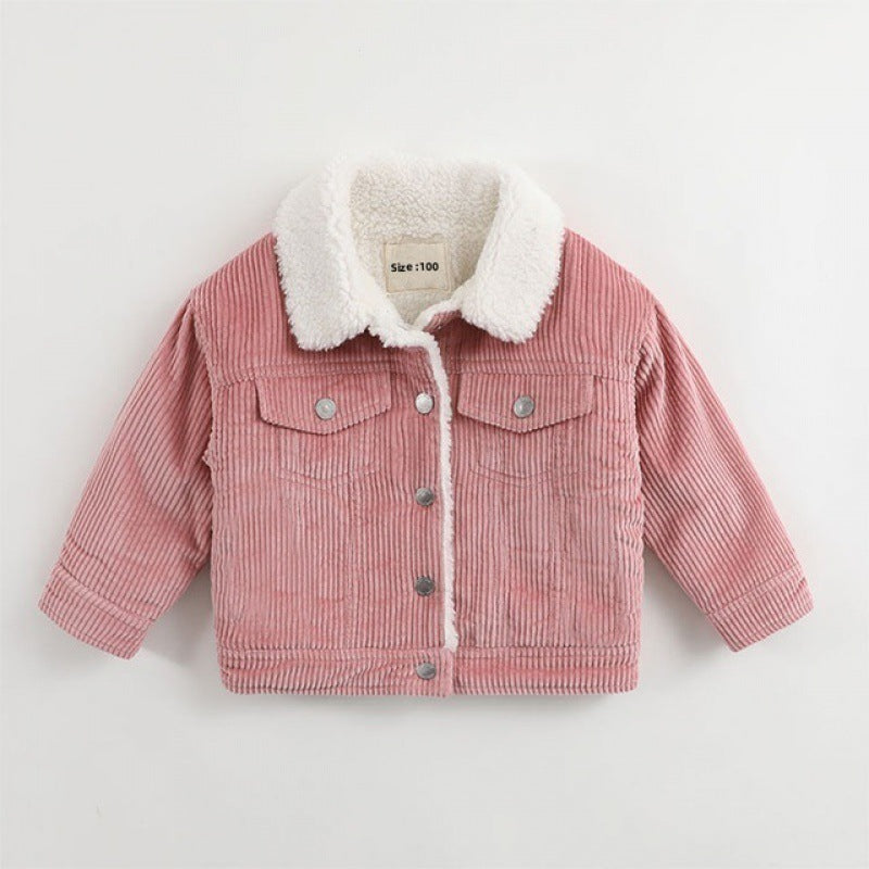 Pink corduroy baby jacket with sherpa collar