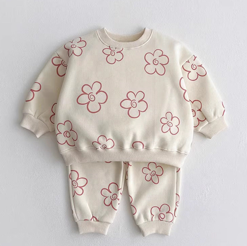 Cream pajama set with pink doodle flower print