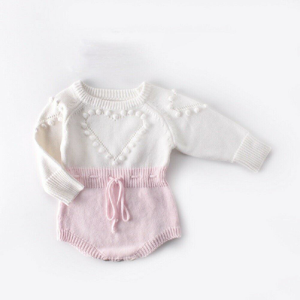 Cream and pink heart knit baby romper with drawstring