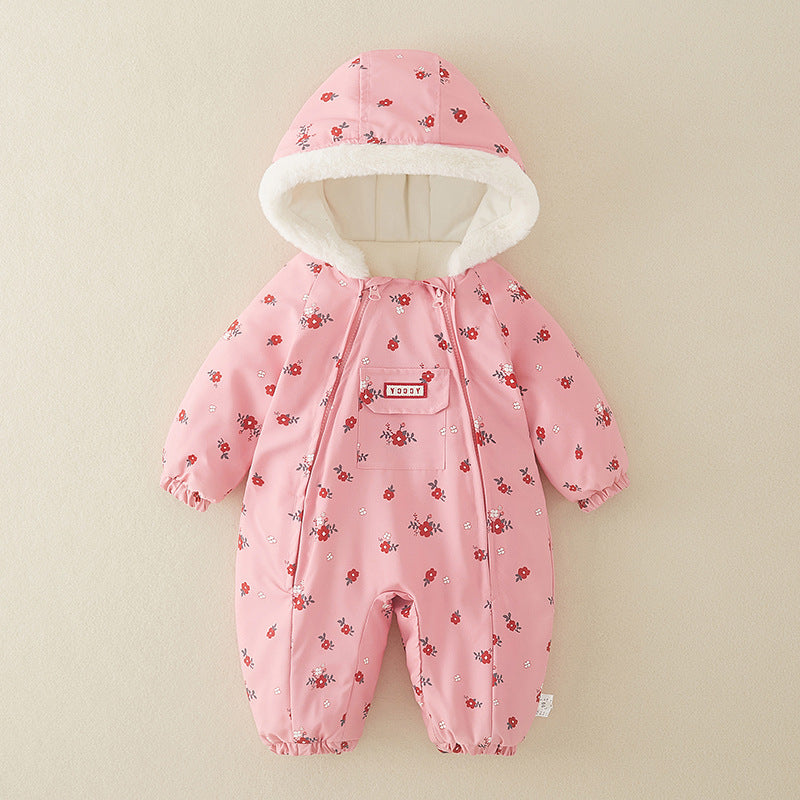Front of pink hooded baby snowsuit with zip