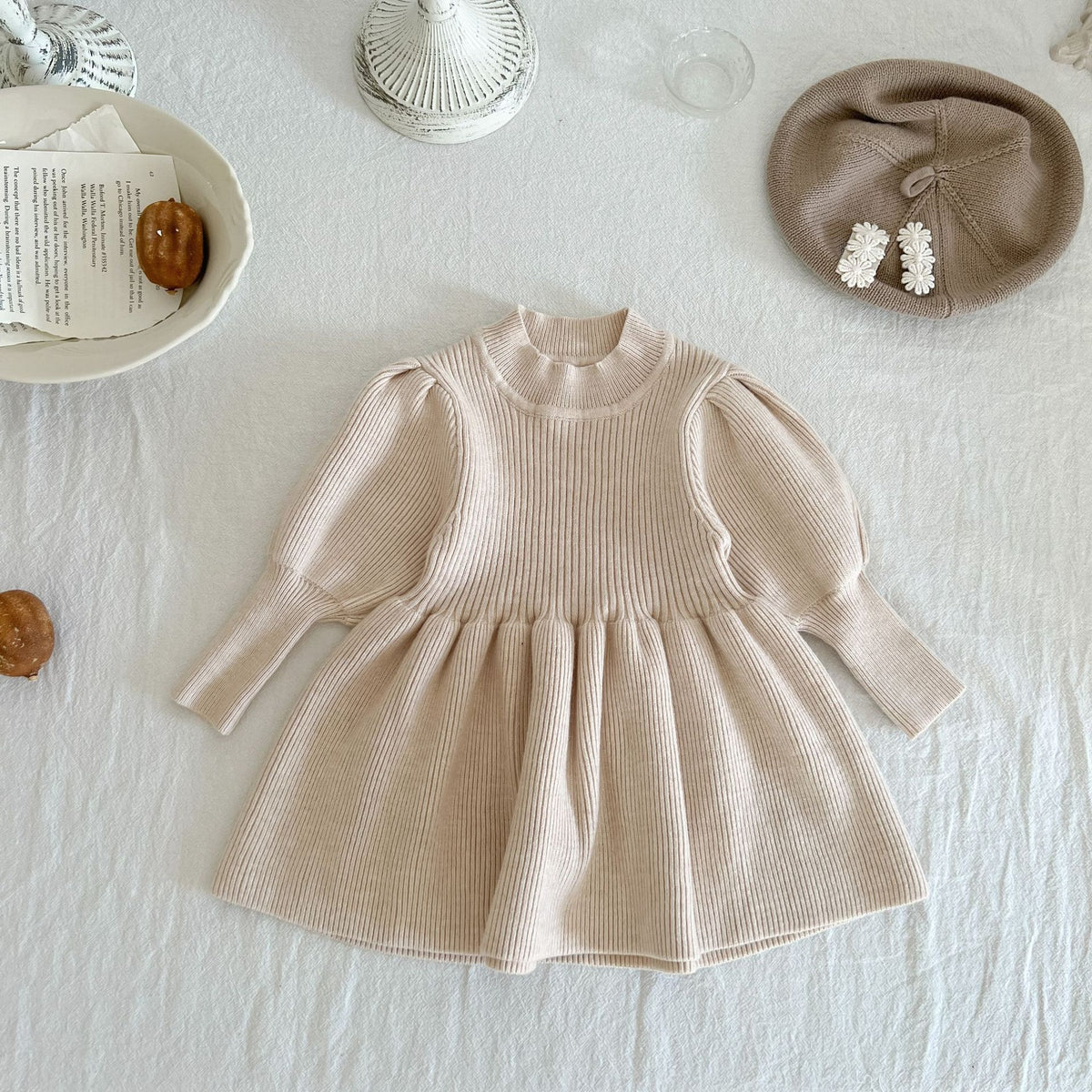 Pale pink knit skater dress with beret
