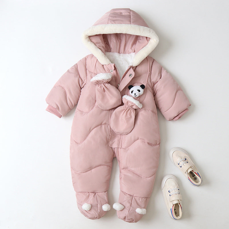 Pink padded hooded baby snowsuit with panda patch and mittens