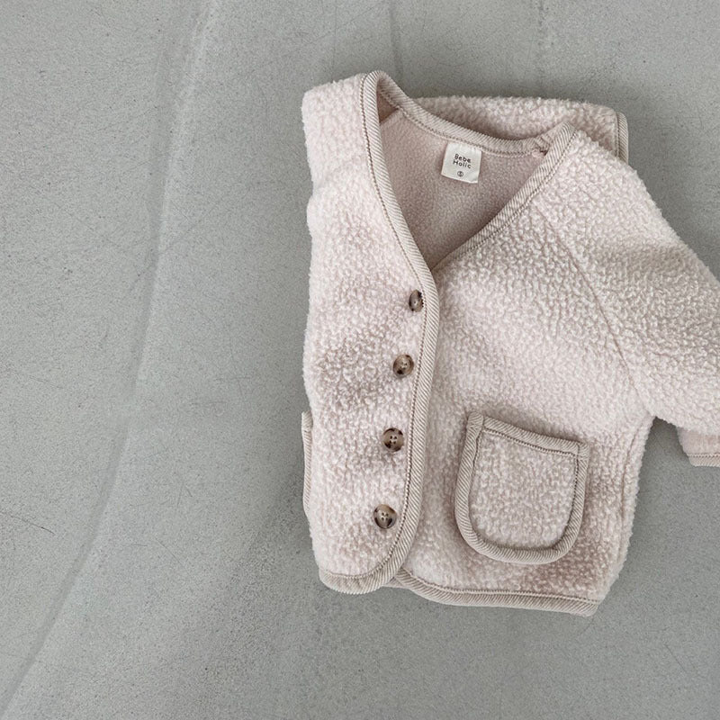 Pink polar fleece baby cardigan with pockets
