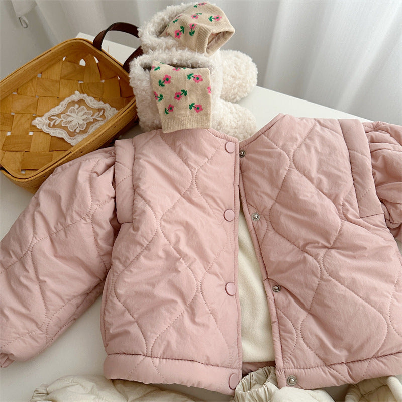 Pink quilted jacket with knit hat