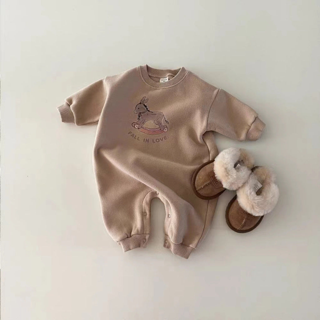 Pink brown rocking horse print baby romper with sherpa slippers