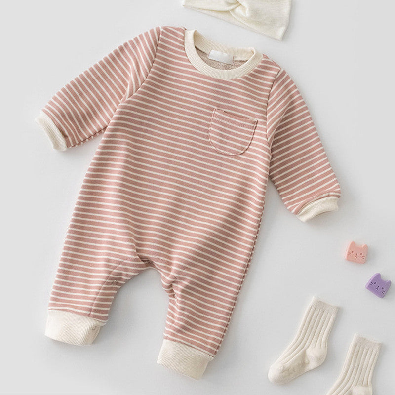 Pink striped long sleeve baby jumpsuit with socks