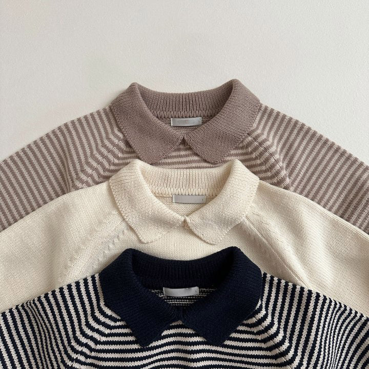 Close-up of polo collars on striped knit sweaters