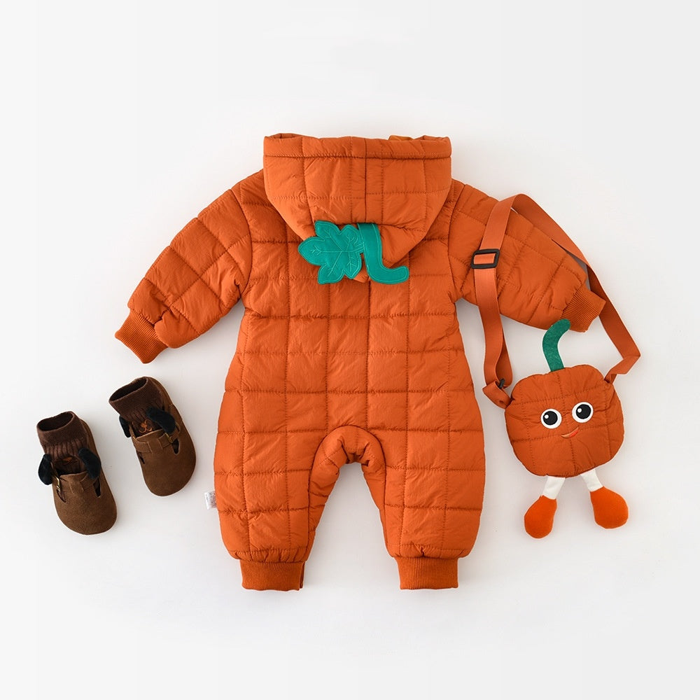 Back view of orange quilted pumpkin baby romper with green leaf hood detail