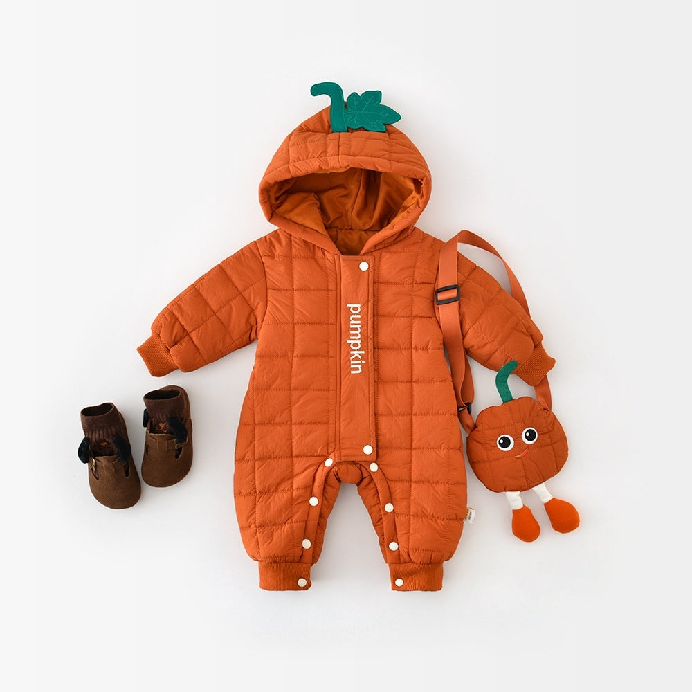 Orange quilted pumpkin baby romper with leaf stem hood and pumpkin crossbody bag