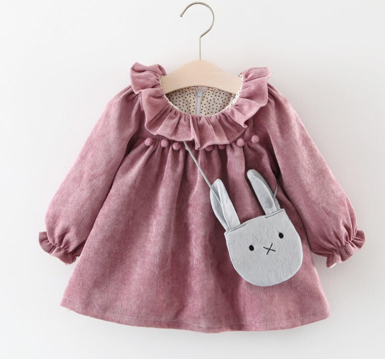 Purple corduroy baby dress with bunny bag